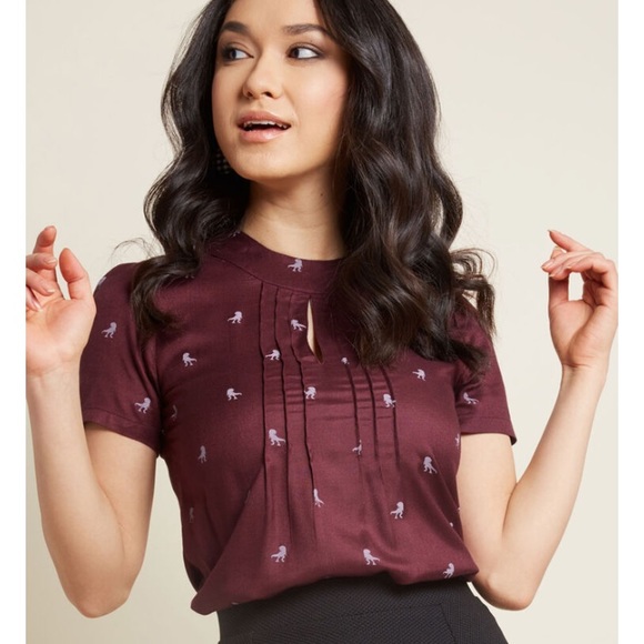 Modcloth Tops - ModCloth t rex dino keyhole burgundy blouse